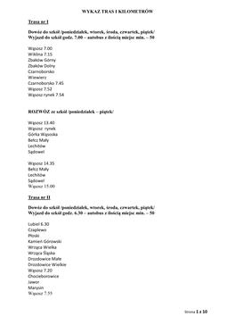 WYKAZ TRAS I KILOMETRÓW Trasa Nr I Dowóz Do Szkół /Poniedziałek