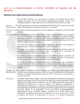 ACTA DE LA SESIÓNCELEBRADA EL JUEVES VEINTITRÉS DE MARZODE DOS MIL DIECISIETE. PRESIDE EL SENADOR PABLO ESCUDERO MORALES En La