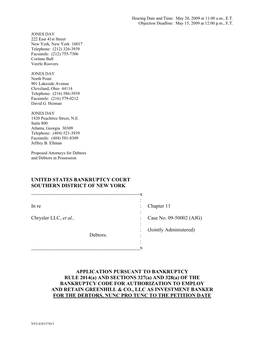 UNITED STATES BANKRUPTCY COURT SOUTHERN DISTRICT of NEW YORK ------X : in Re : Chapter 11 : Chrysler LLC, Et Al., : Case No