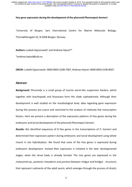 Hox Gene Expression During the Development of the Phoronid Phoronopsis Harmeri