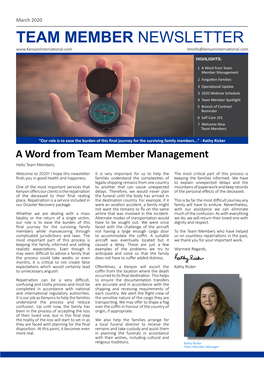 March 2020 TEAM MEMBER NEWSLETTER Tminfo@Kenyoninternational.Com