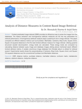 Analysis of Distance Measures in Content Based Image Retrieval by Dr