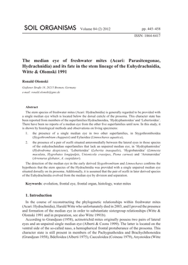 Acari: Parasitengonae, Hydrachnidia) and Its Fate in the Stem Lineage of the Euhydrachnidia, Witte & Olomski 1991