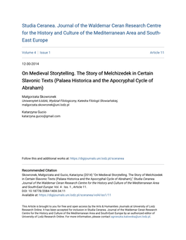 On Medieval Storytelling. the Story of Melchizedek in Certain Slavonic Texts (Palaea Historica and the Apocryphal Cycle of Abraham)