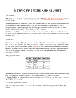 METRIC PREFIXES and SI UNITS Overview