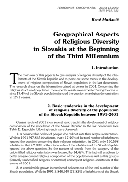 Geographical Aspects of Religious Diversity in Slovakia at the Beginning of the Third Millennium