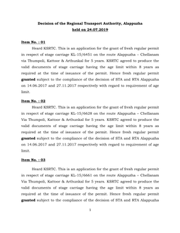 Decision of the Regional Transport Authority, Alappuzha Held on 24.07.2019