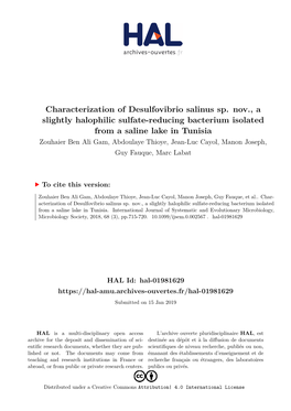 Characterization of Desulfovibrio Salinus Sp. Nov., a Slightly Halophilic