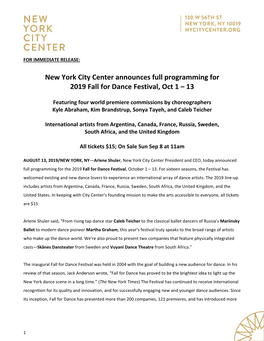 New York City Center Announces Full Programming for 2019 Fall for Dance Festival, Oct 1 – 13