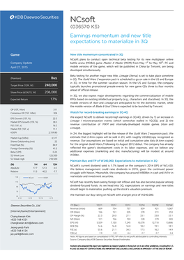 Ncsoft (036570 KS) Earnings Momentum and New Title Expectations to Materialize in 3Q