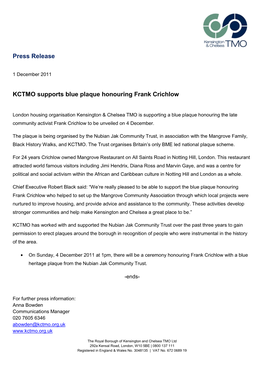 Press Release KCTMO Supports Blue Plaque Honouring Frank Crichlow