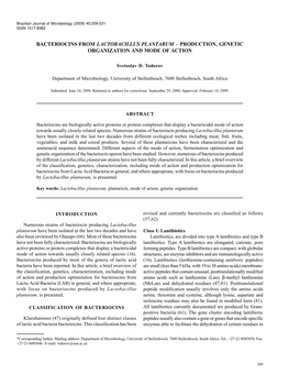 Bacteriocins from Lactobacillus Plantarum – Production, Genetic Organization and Mode of Action