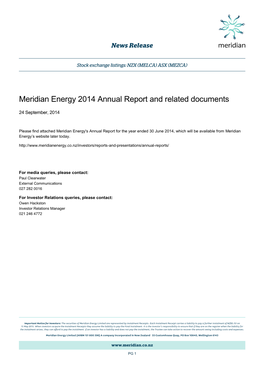 Meridian Energy 2014 Annual Report and Related Documents