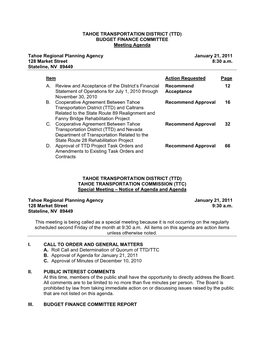 TAHOE TRANSPORTATION DISTRICT (TTD) BUDGET FINANCE COMMITTEE Meeting Agenda