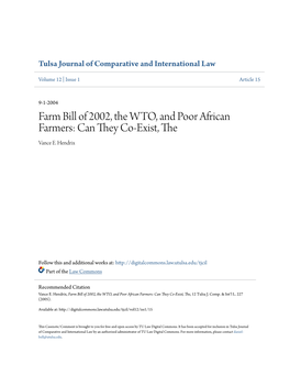 Farm Bill of 2002, the WTO, and Poor African Farmers: Can They Co-Exist, the Vance E