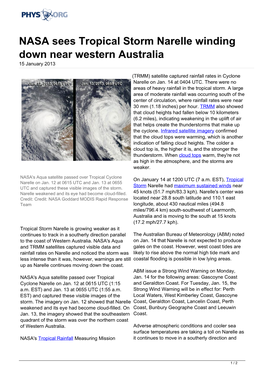 NASA Sees Tropical Storm Narelle Winding Down Near Western Australia 15 January 2013