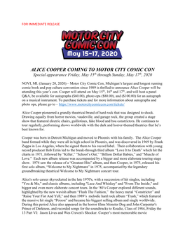 ALICE COOPER COMING to MOTOR CITY COMIC CON Special Appearance Friday, May 15Th Through Sunday, May 17Th, 2020