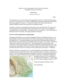 History of Jews in Bessarabia in the 15Th to 19Th Centuries Geography, History, Social Status