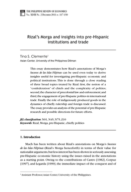 Rizal's Morga and Insights Into Pre-Hispanic Institutions and Trade