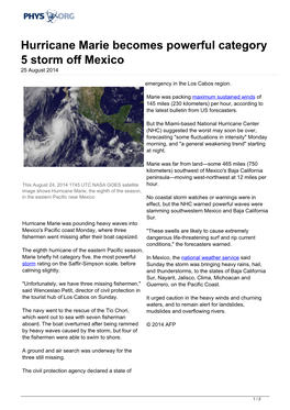 Hurricane Marie Becomes Powerful Category 5 Storm Off Mexico 25 August 2014