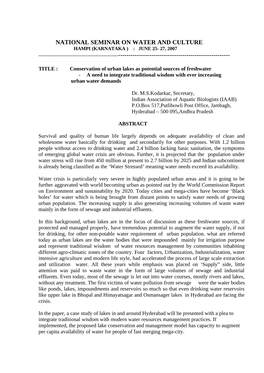 Conservation of Urban Lakes As Potential Sources of Freshwater - a Need to Integrate Traditional Wisdom with Ever Increasing Urban Water Demands