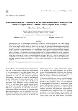 Crossectional Study on Prevalence of Bovine Schistosomiosis and Its Associated Risk Factors in Dangila District, Amhara National Regional State, Ethiopia