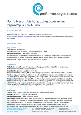 Pacific Manuscripts Bureau Titles Documenting Papua/Papua New Guinea