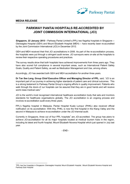 Parkway Pantai Hospitals Re-Accredited by Joint Commission International (Jci)