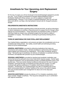 Anesthesia Pre – Operative Information for Joint Replacement