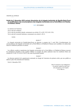 Arrêté Du 2 Décembre 2015 Portant Dissolution De La Brigade Territoriale