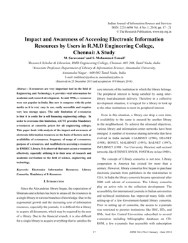 Impact and Awareness of Accessing Electronic Information Resources by Users in R.M.D Engineering College, Chennai: a Study M