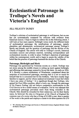 Ecclesiastical Patronage in Trollope's Novels and Victoria's England