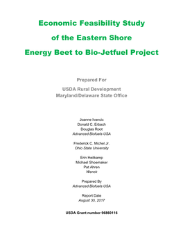 Economic Feasibility Study of the Eastern Shore Energy Beet to Bio-Jetfuel Project