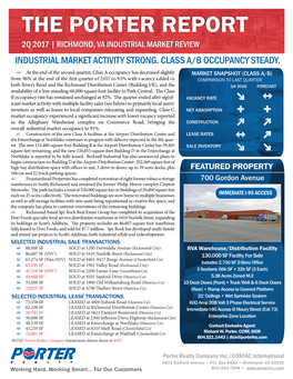 The Porter Report 2Q 2017 | Richmond, Va Industrial Market Review Industrial Market Activity Strong