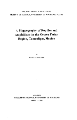 A Biogeography of Reptiles and Amphibians in the Gomez Farias Region, Tamaulipas, Mexico