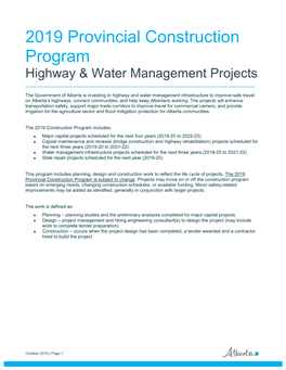 2019 Provincial Construction Program Highway & Water Management Projects