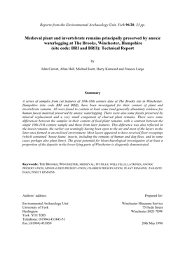 Medieval Plant and Invertebrate Remains Principally Preserved by Anoxic Waterlogging at the Brooks, Winchester, Hampshire (Site Code: BRI and BRII): Technical Report