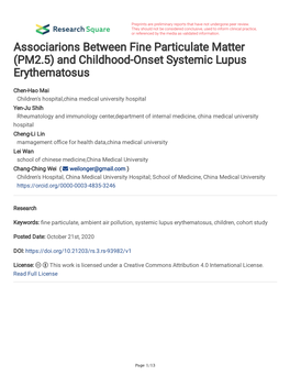 Associarions Between Fine Particulate Matter (PM2.5) and Childhood-Onset Systemic Lupus Erythematosus