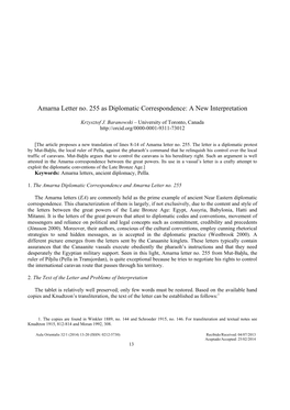 Amarna Letter No. 255 As Diplomatic Correspondence: a New Interpretation