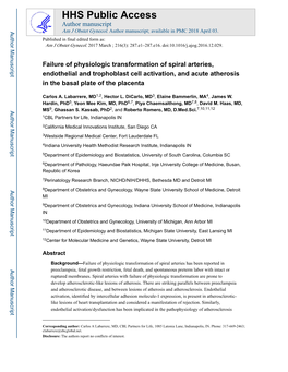 Failure of Physiologic Transformation of Spiral Arteries, Endothelial and Trophoblast Cell Activation, and Acute Atherosis in the Basal Plate of the Placenta