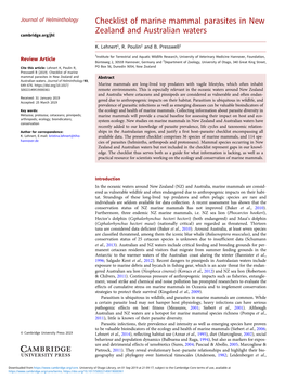 Checklist of Marine Mammal Parasites in New Zealand and Australian Waters Cambridge.Org/Jhl