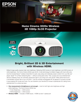 Home Cinema 3020E Wireless 3D 1080P 3LCD Projector