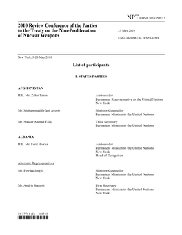 2010 Review Conference of the Parties to the Treaty on the Non-Proliferation 25 May 2010 of Nuclear Weapons ENGLISH/FRENCH/SPANISH