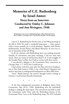 Memories of C.E. Ruthenberg by Israel Amter: Notes from an Interview Conducted by Oakley C