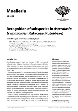 Recognition of Subspecies in Asterolasia Trymalioides (Rutaceae: Rutoideae)