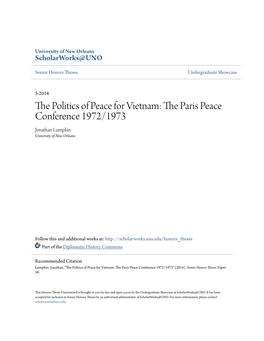 The Politics of Peace for Vietnam: the Paris Peace Conference 1972/1973