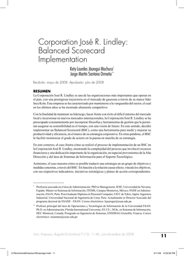 Corporation José R. Lindley: Balanced Scorecard Implementation Kety Lourdes Jáuregui Machuca* Jorge Martin Santana Ormeño**