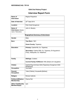 GAA Oral History Project Interview Report Form