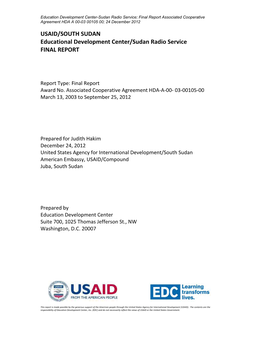 USAID/SOUTH SUDAN Educational Development Center/Sudan Radio Service FINAL REPORT