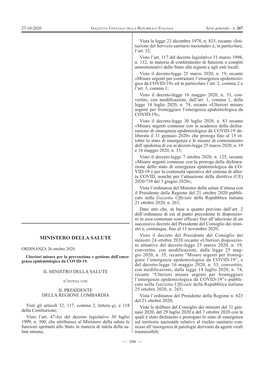 MINISTERO DELLA SALUTE Ministri 24 Ottobre 2020 Recante «Ulteriori Disposizio- Ni Attuative Del Decreto-Legge 25 Marzo 2020, N